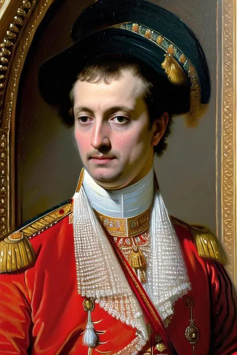 a close up of a painting of a man in a red uniform