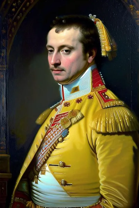 a painting of a man in a yellow jacket and white shirt