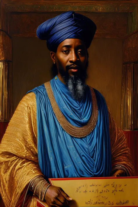 a painting of a man in a blue turban holding a sign