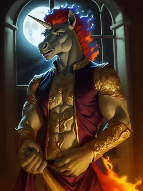 (feral:-1.6) male, equid, rapidash, flaming mane, with intricate, with a red and gold outfit, standing, old room, looking at vie...
