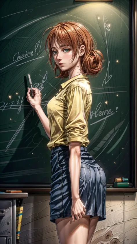 a woman in a skirt is standing in front of a chalkboard