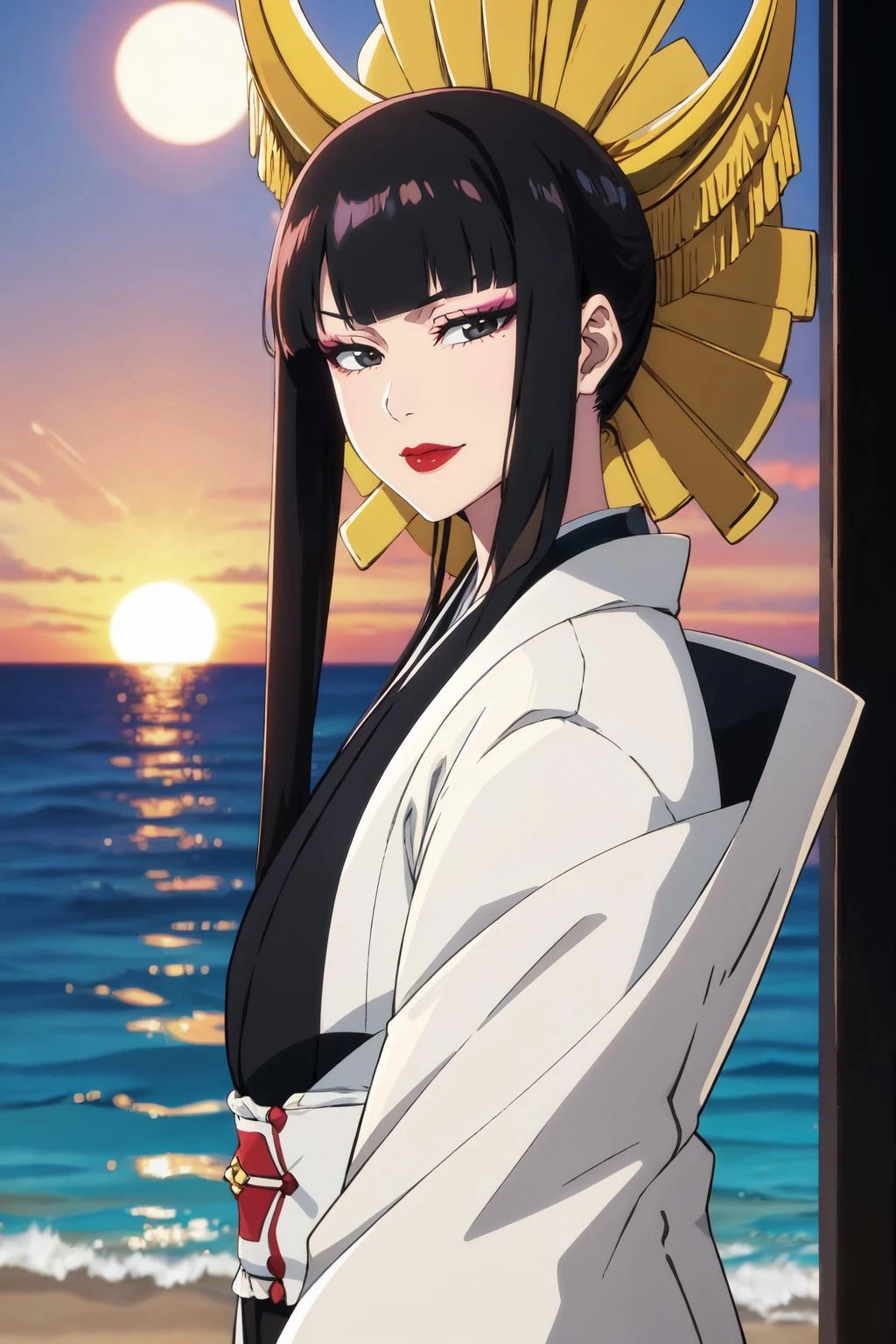 masterpiece, best quality, SShutaraV4, 1girl, solo, looking at viewer, slight smile, long hair, bangs, blunt bangs, sidelocks, (black eyes), (black hair:1.4) makeup, lipstick, red lipstick, mature, mature female, japanese clothes, kimono, sunset, outdoors, sea, water, sand, anime coloring, 