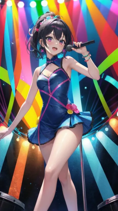 1girl, 
 <lora:Colored_Lines_Background:1>stage lights,  idol clothes, microphone,