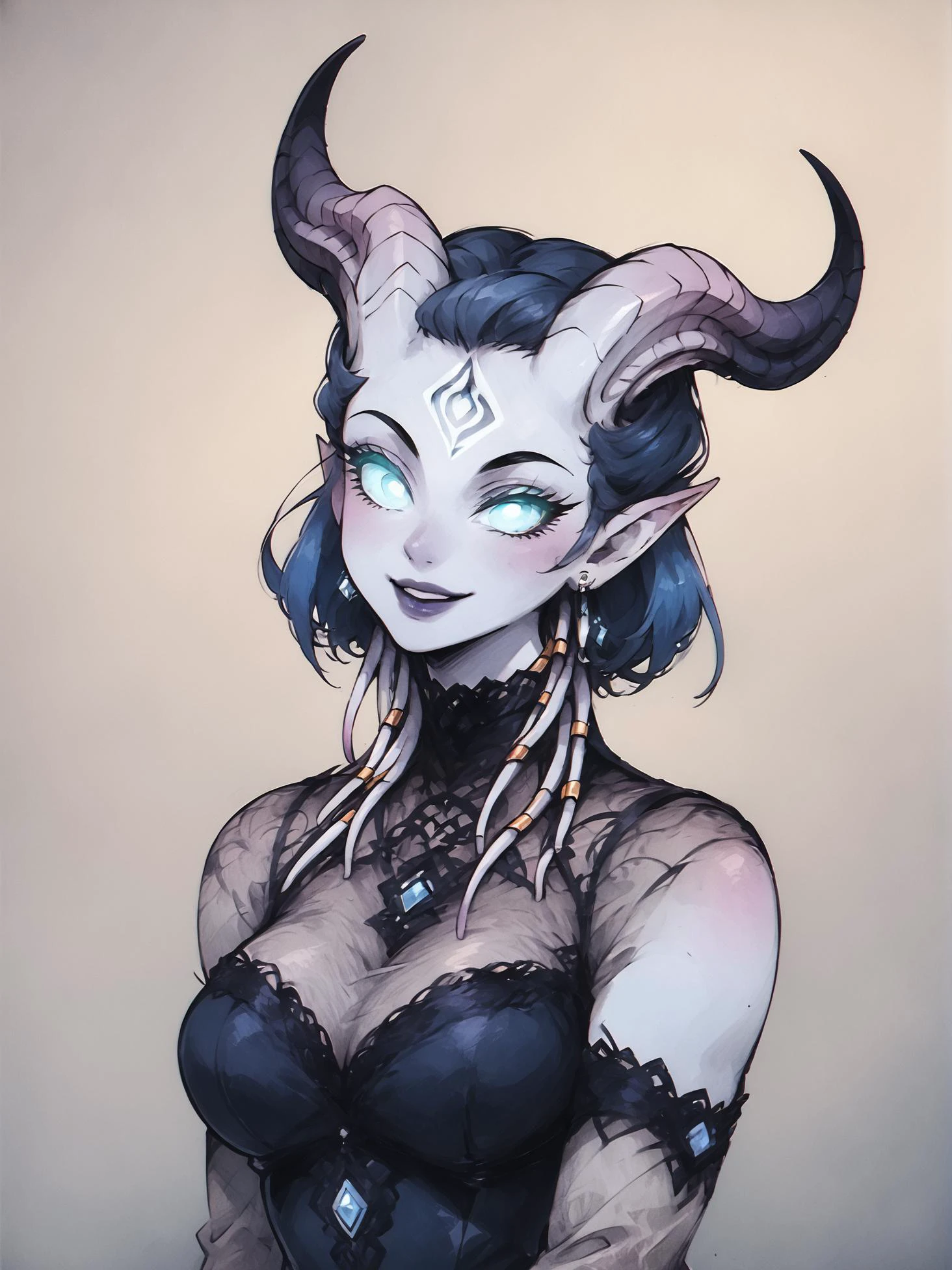 score_9,score_8_up,score_7_up,score_6_up,score_5_up,score_4_up,(a female draenei bent over, looking at viewer, smiling) (elegant, majestic, beautiful, stunning) (wearing a beautiful gown) long curved horns,outline,(watercolor portrait) clear eyes,glowing eyes,upper body,colorful,clear lineart,sharp,flat color,2d,