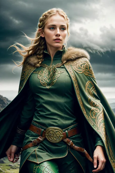 a woman in green dress and cape with a sword in her hand