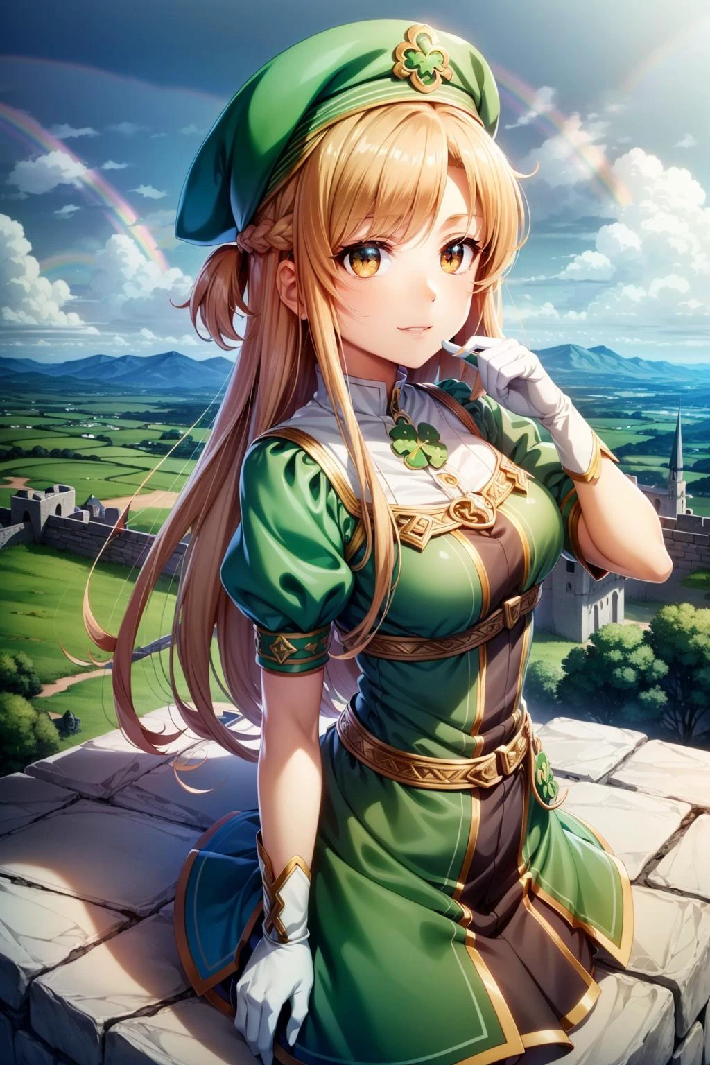 (estilo anime:1.3), asuna, cabelo longo, cabelo castanho, trança, olhos castanhos, vestido verde, chapéu verde, legging verde, luvas brancas, São Patrício, ouroen ornaments, CeltPunkAI,   céltico,  olhando para o espectador, sorriso leve, lindo rosto detalhado, lindos olhos detalhados, (São Patrício, trevo-de-quatro-folhas, trevos no fundo), muralhas do castelo, ameias de pedra, arqueiros de guarda, vistas panorâmicas, defendendo fortaleza, ((ouro coins, ouro, (arco-íris))), paisagem colorida, detalhes nítidos, sfw, 