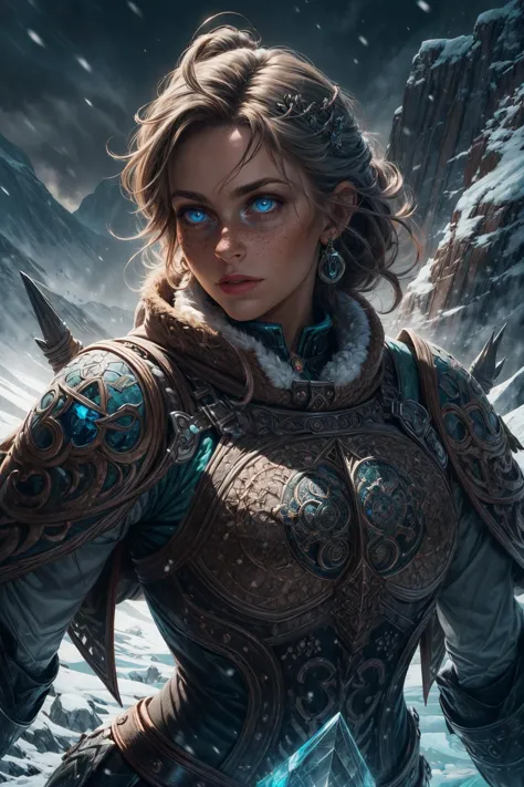 Comic art, Flat-colors, vibrant colors,
1 girl, adult  woman,  blue eyes, chestnut fringe hair,
portrait, solo, half shot, detailed background, detailed face, (CeltPunkAI, tribal  celtic theme:1.1), light brown winter warrior, (glowing eyes:1.05),  paladin, dynamic pose,  cape,  floating ice shards,   snowy background, crystal landscape in background  epic atmosphere,