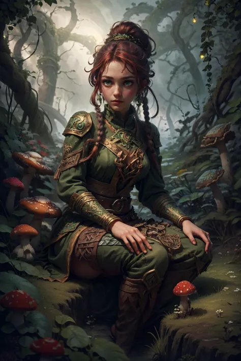 a woman sitting on a rock in the woods with mushrooms