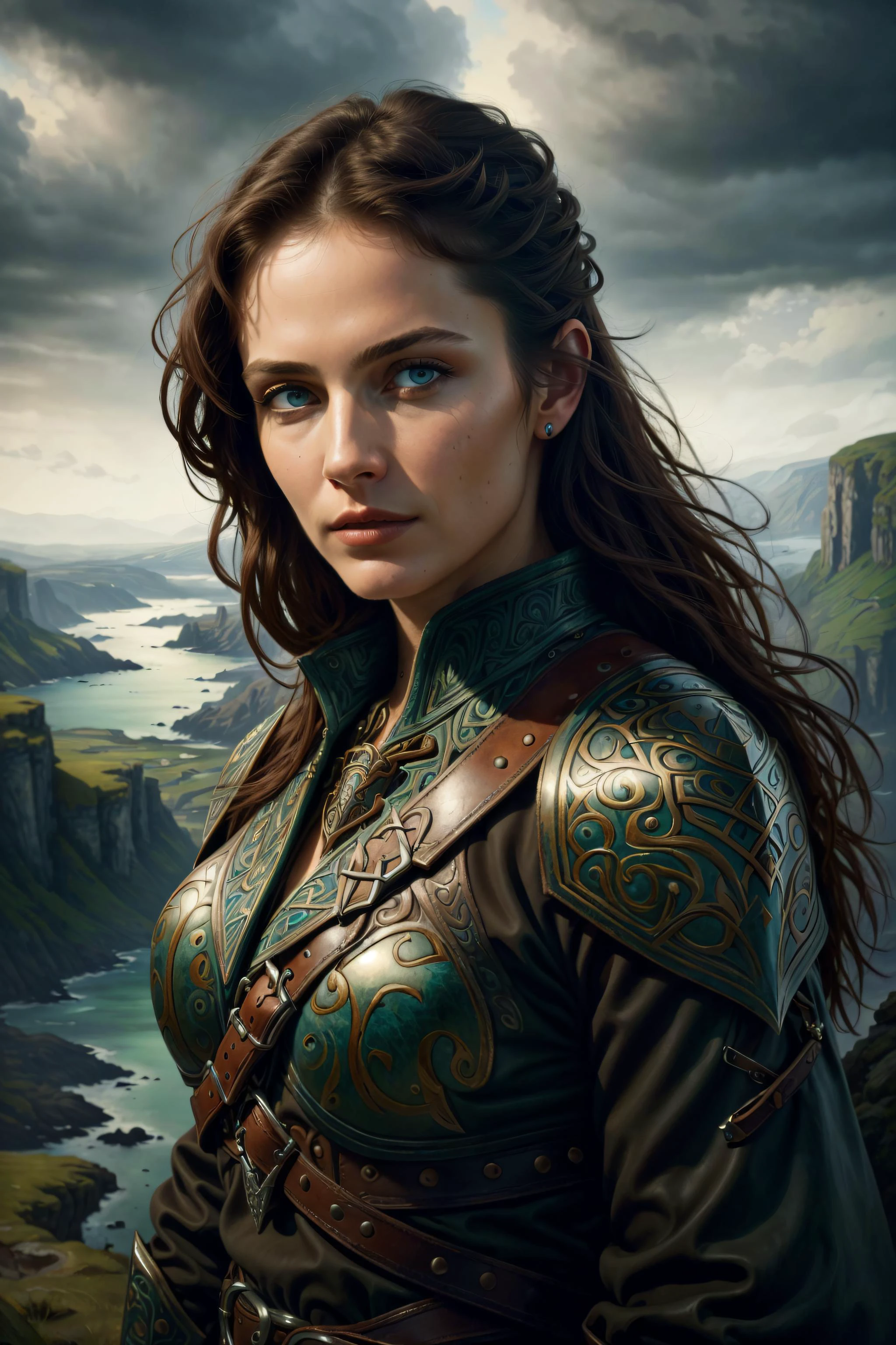 ((best quality)), ((masterpiece)), (detailed),4k, beautiful woman, dark hair, blue eyes, beautiful eyes, detailed face,  CeltPunkAI, warrior, leather armor, cliffs,