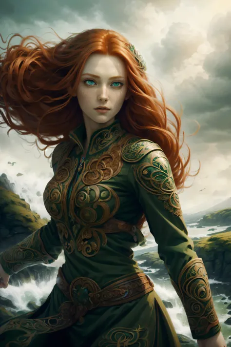 ((best quality)), ((masterpiece)), (detailed),4k, ginger woman, floating hair, green eyes, beautiful eyes, detailed face,  rock wall, wind, CeltPunkAI, dynamic