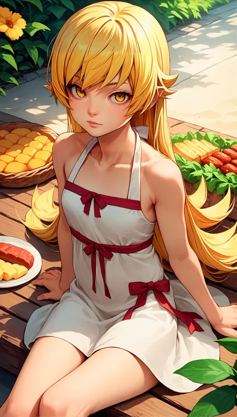 anime girl sitting on a wooden bench with a plate of fruit