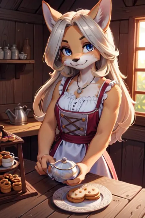 <lora:tawna-v1-128-novelai:1> tawna, loving smile, tilted head,
preparing tea, biscuits,
detailed wooden cabin, light curtains, ...