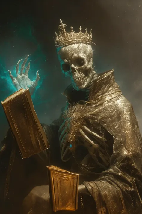 a statue of a skeleton holding a book and a crown