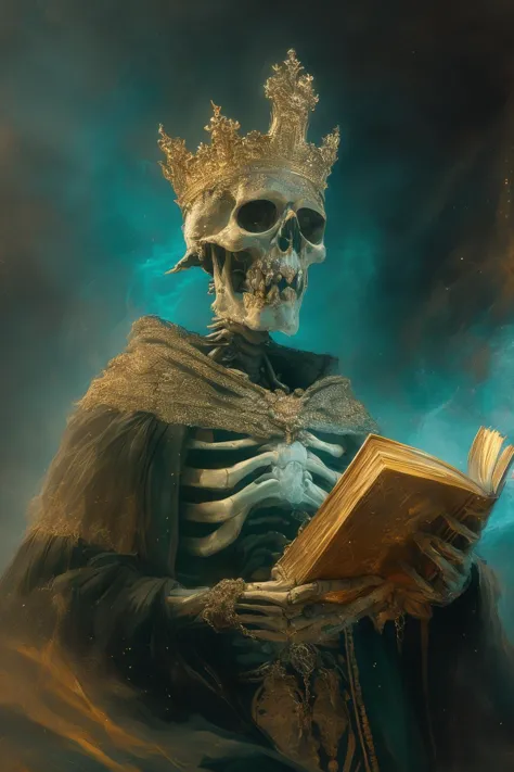 a skeleton in a crown reading a book with a book in his hand