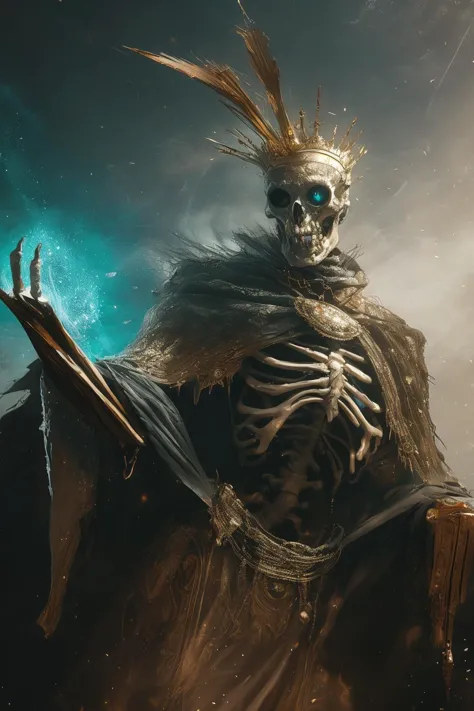 a close up of a skeleton with a sword and a crown