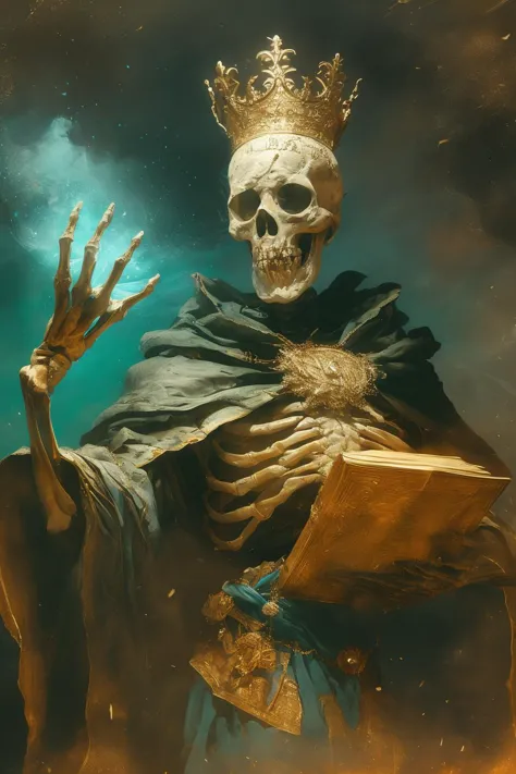 a close up of a skeleton with a crown on his head holding a book