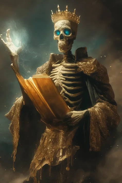 a skeleton in a golden robe holding a book and a golden crown