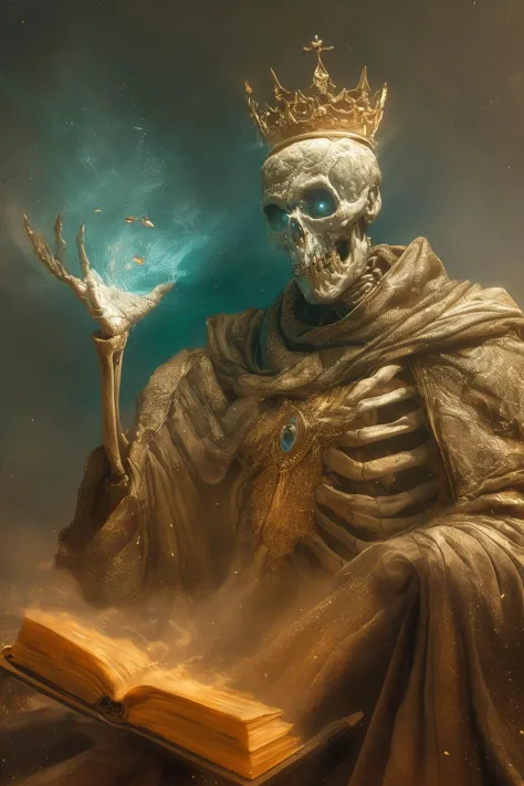 a skeleton with a crown and a book in his hands