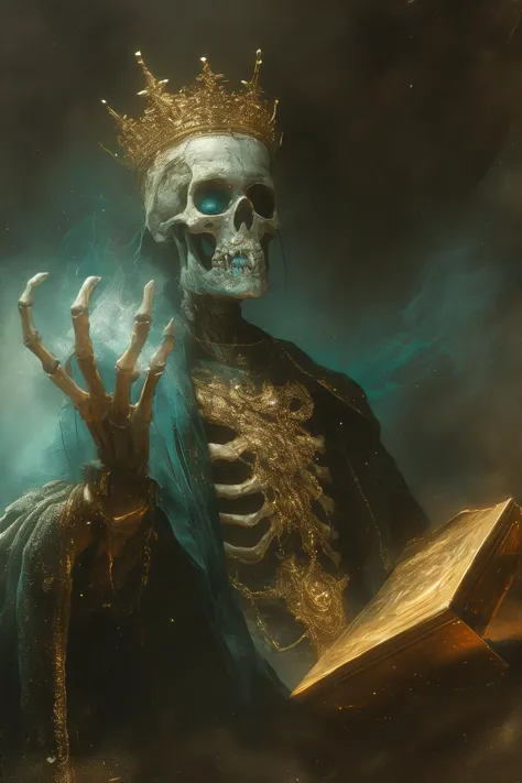 a skeleton with a crown and a book in his hand