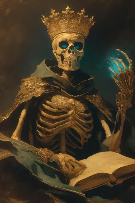 a close up of a skeleton with a crown and a book