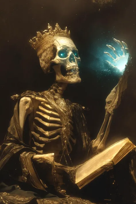 a skeleton with a crown holding a book and a glowing ball