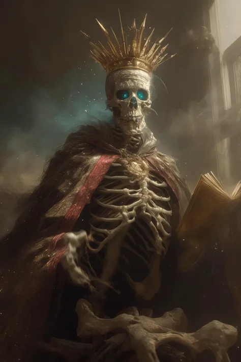 a skeleton with a crown and a book in his hands