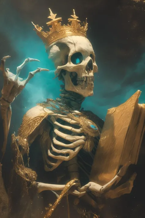 a skeleton with a crown and a book in his hands