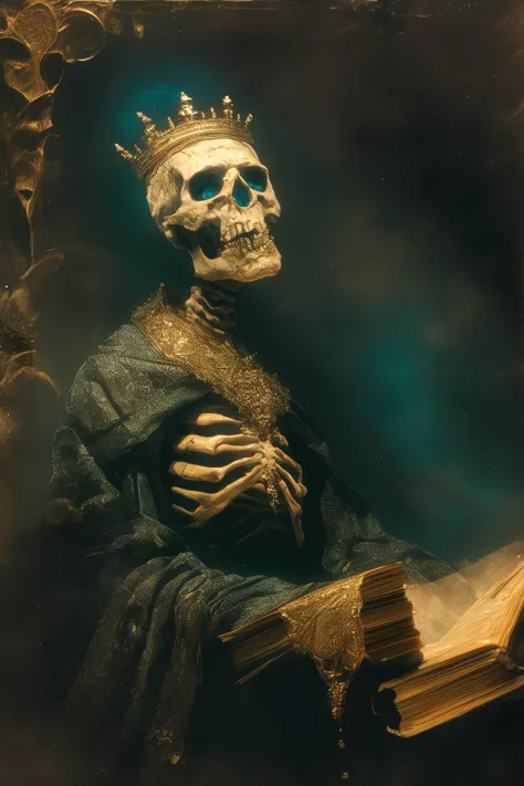 a close up of a skeleton with a crown on his head