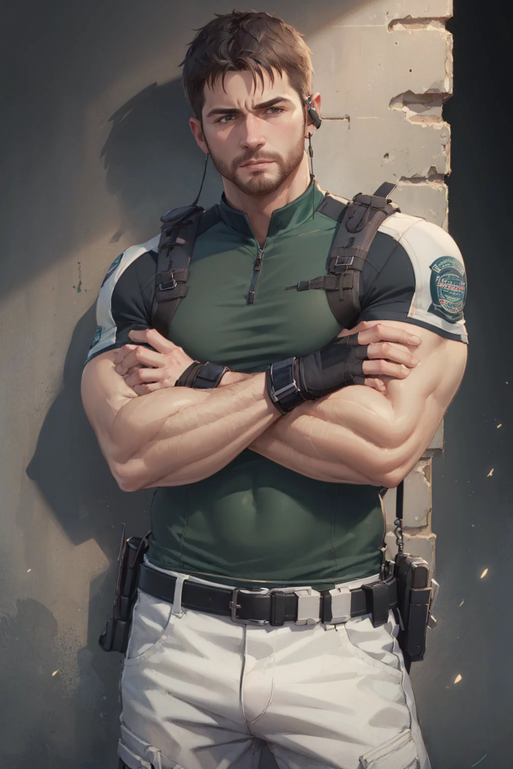 (masterpiece, best quality:1.2), cowboy shot, solo, male focus, 1boy, chris redfield, muscular male, looking at viewer, crossed arms, green taut shirt, white pants, (fingerless gloves:1.1), belt