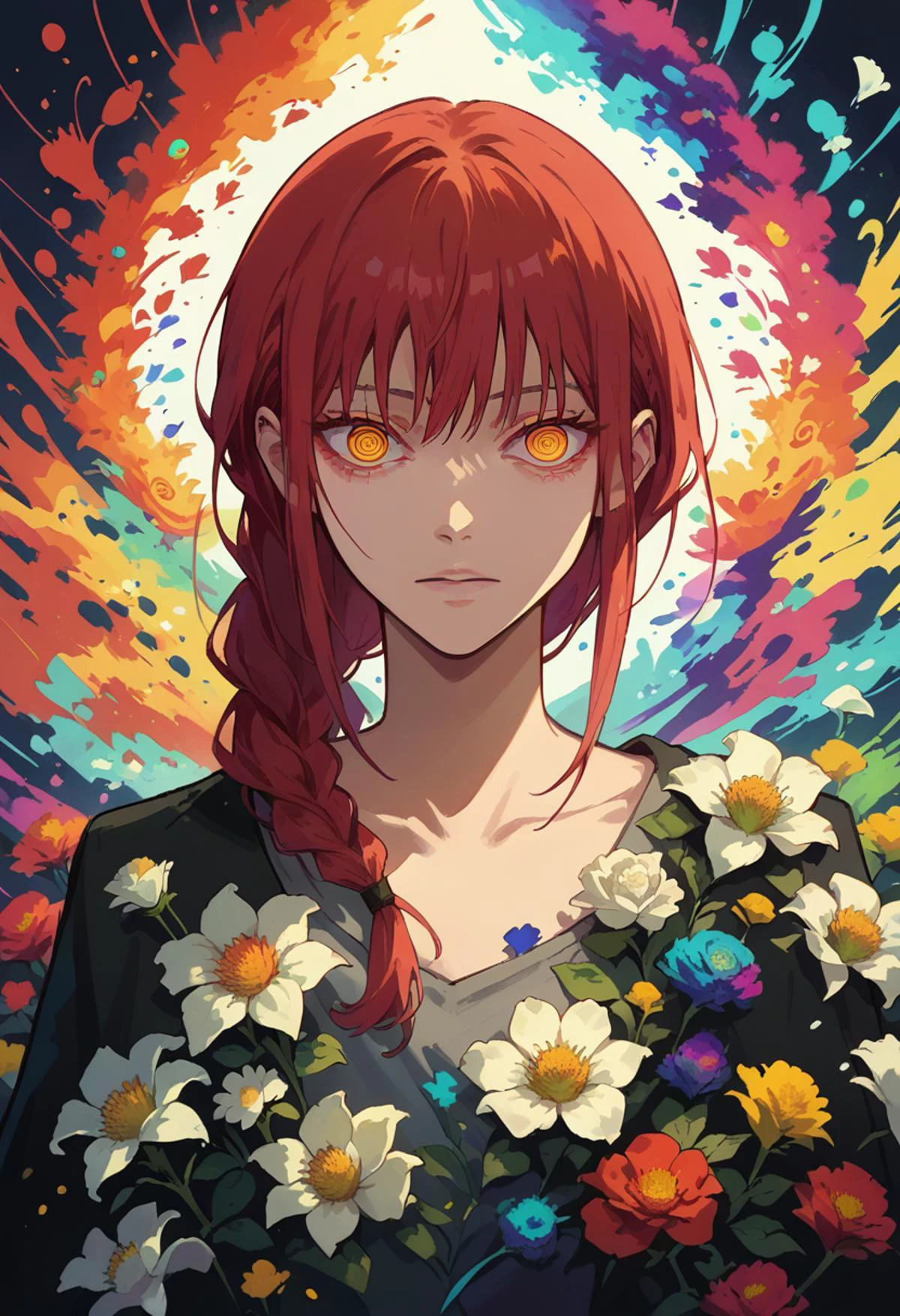 score_9, score_8_up, score_7_up, makima, red hair, braid ponytail, ringed eyes, yellow eyes, anime style, abstract, colorful,highest detailed, white flower fragments, flowers fragments,white flowers, visual chaos,