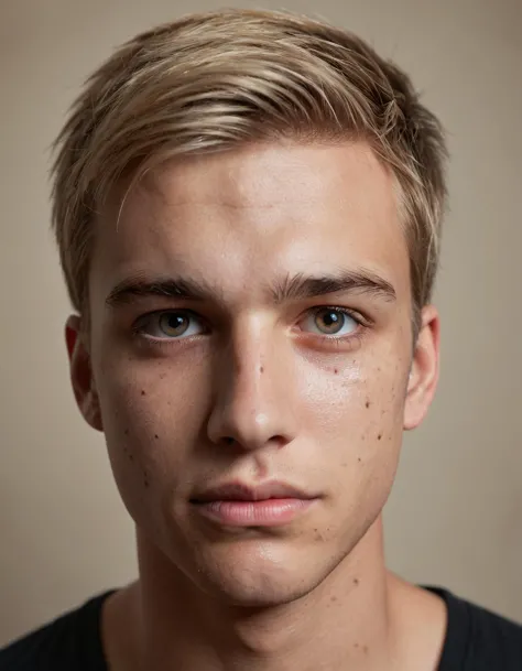 photo of a 20 years old boy with brown eyes, blonde hair, deeply depressed expression, with some freckles, fit strong body, 8k, UHD, masterpiece