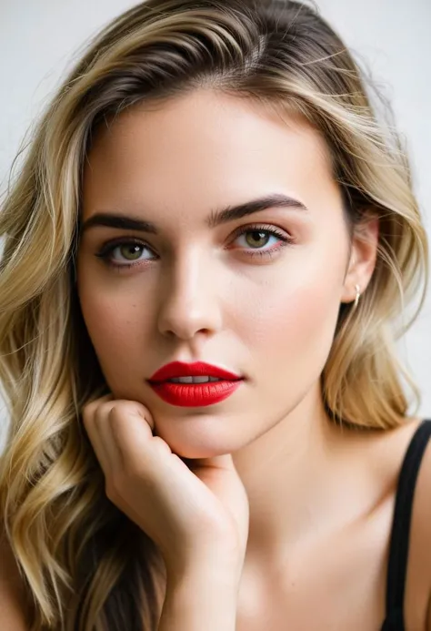 a woman with long blonde hair and red lipstick posing for a picture