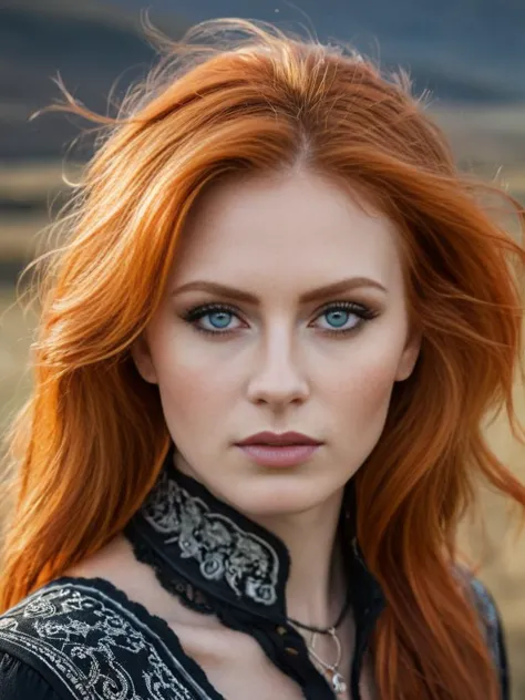 1girl, beautiful, orange hair, fantastical hair, standing in the highlands, eyeliner, focus on eyes, intricate detailed background, cowboy shot, sfw