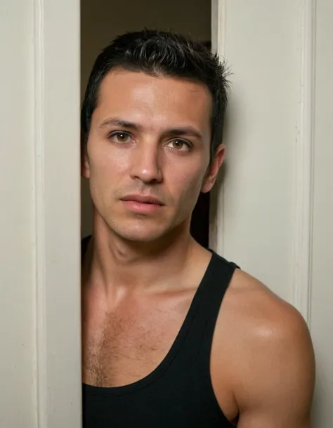 arafed man in a black tank top leaning against a door