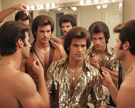 (too many disco men looking at themselves in a mirror:1.2), combing hair, necklace, polyester shirt