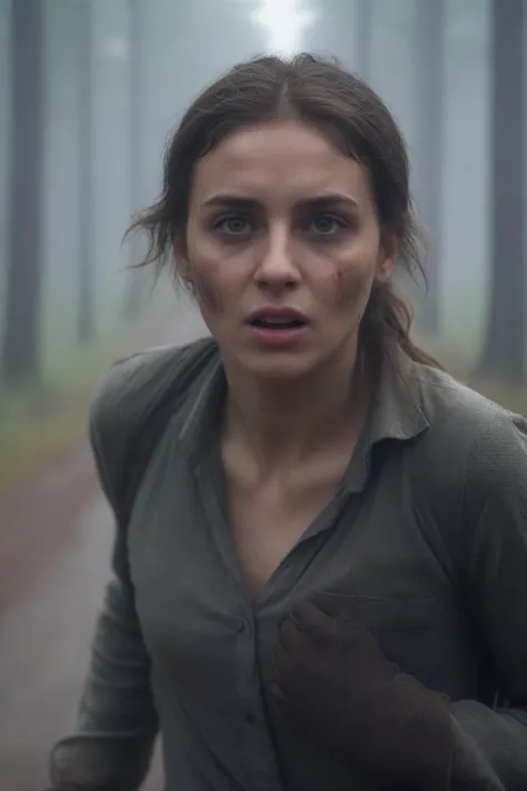 a woman in a green shirt is running down a road