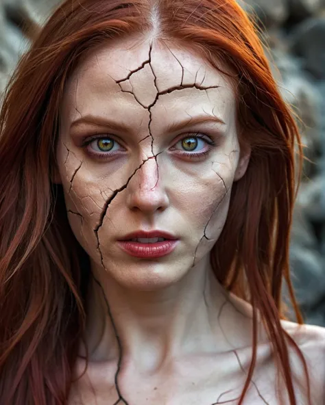 cinematic photography, portrait of a (beautiful woman with completely cracked skin:1.1), deep fine cracks filled with glwoing lava, soft focus, half body editorial shot, depth of field, uncanny, long red hair, stunning perfect shining eyes, pale skin, intricitaly hyperdetailed, amazing depth, expansive details, complex masterwork by head of prompt engineering