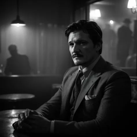 pedro Pascal sitting in a smoky cafe, film noir look, shadows, hazy room, film grain, dramatic lighting, cinematic, intriguing, extremely detailed,  brooding, dark and moody, thriller, dark, mysterious, dslr, pen, detective