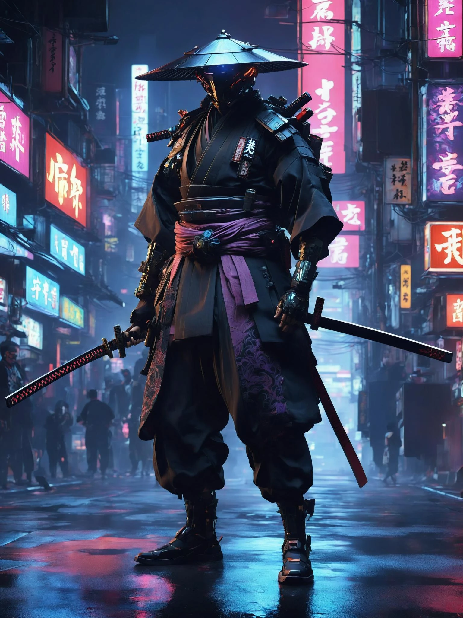 A ronin, augmented with cybernetic enhancements, wanders through the dark underbelly of a cybernetic Yakuza underworld. Clad in a mix of traditional hakama pants and modernized armor, they wield a plasma-infused katana, carving a path through the neon-lit shadows. The bustling streets echo with the whispers of a digitalized underworld, where honor clashes with corruption in this cyber-enhanced feudal landscape , 