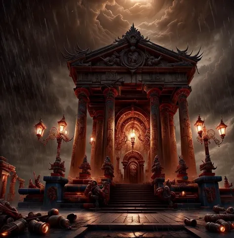 (masterpiece:1.2), (best quality,:1.2), 8k, HDR, ultra detailed, ((photorealistic)), professional light, cinematic lighting, fashion photography, ambient lighting, atmospheric effects, <lora:detail_slider_v4:3>, the outside front with the main entrance of a dark and sinister temple, red lights,  dark skies, <lora:TemplesAndChurches-10:1>, epiCPhoto