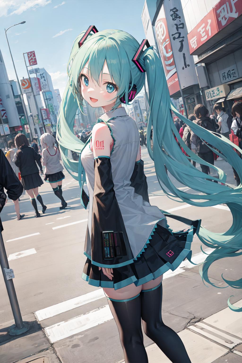 Anime girl with blue hair and a cat ears pointing at something - SeaArt AI