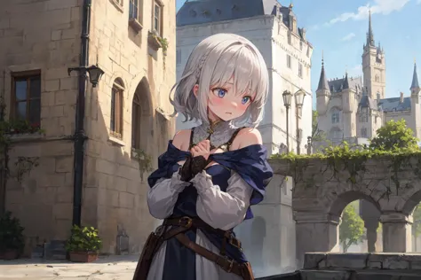 anime girl in a blue dress holding a sword in front of a castle