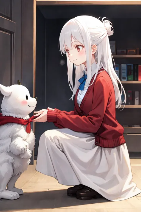 anime girl with white hair and red scarf petting a white dog