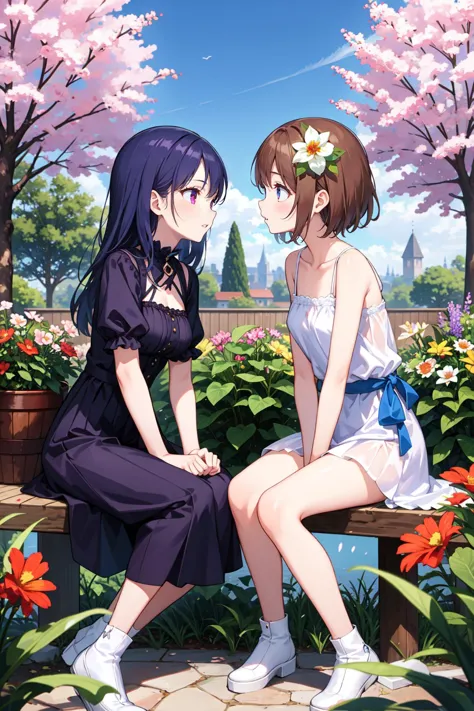 two anime girls sitting on a bench in a park