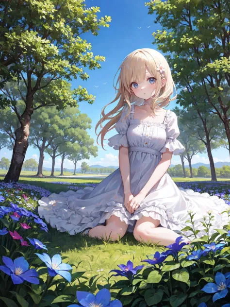 girl, white dress, forest, flower, blue sky