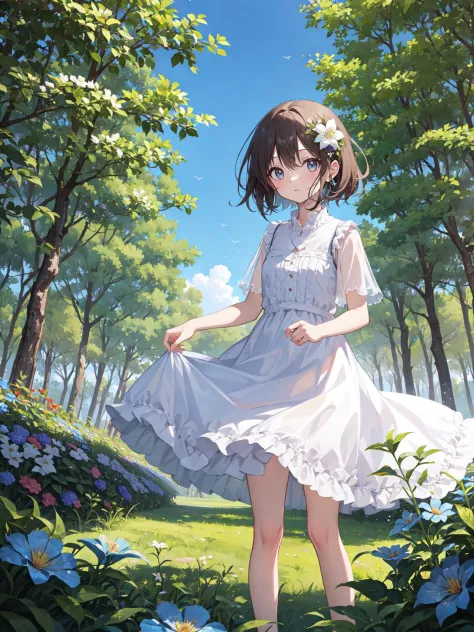 girl, white dress, forest, flower, blue sky