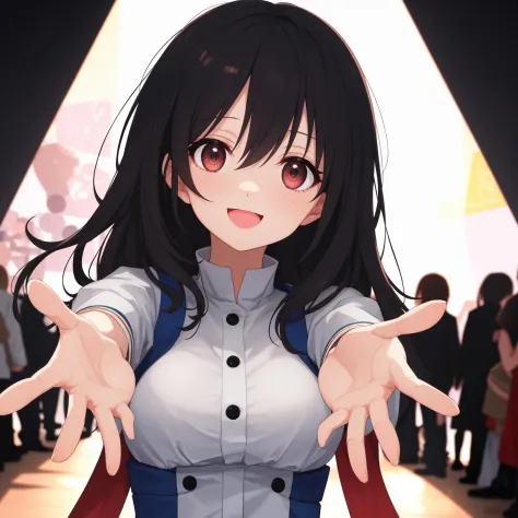 best quality, amazing intricate, cute girl, round eyes, dropping eyes, medium breast, 
:d, black hair, (outstretched hand:1.1), on a catwalk, 
(looking at viewer:1.2), 
long hair, hime cut, 
, 
, 
, 
, 
, 
, 
(saint dress:1.6), 
from front, (face only close up:1.4), back light