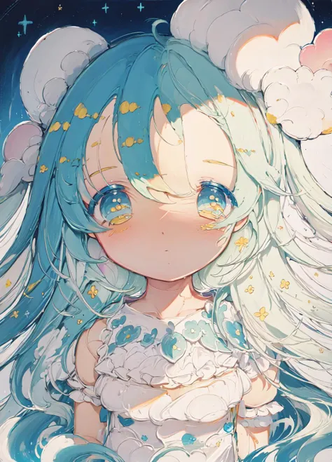 anime girl with blue hair and white dress in the sky