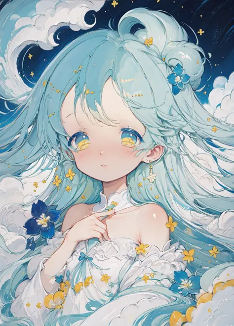 a close up of a anime girl with blue hair and stars