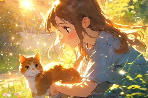 Master piece, best quality,girl,low teen,dappled sunlight, light particles, she find a stray cat ,